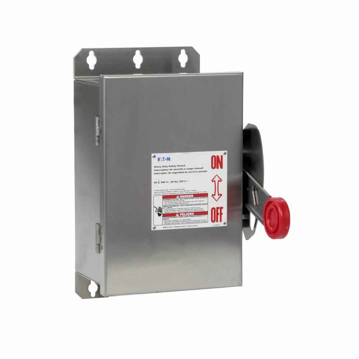 Eaton DH362UWKX Heavy duty single-throw non-fused safety switch, Single-throw, 60A, NEMA 4X, Stainless steel, Non-fusible, Three-pole, Three-wire, 10 at 240 Vac TD 1 Ph, 20 at 480 Vac TD 1 Ph, 25 at 600 Vac TD 1 Ph, 20 at 240 Vac TD 3 Ph