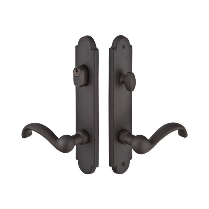 Emtek 1221 Multi Point Lock Trim (Door Config #2) - Sandcast Bronze Plates, Arched Style (2" x 10"), Keyed with American Cylinder Hub ABOVE Handle