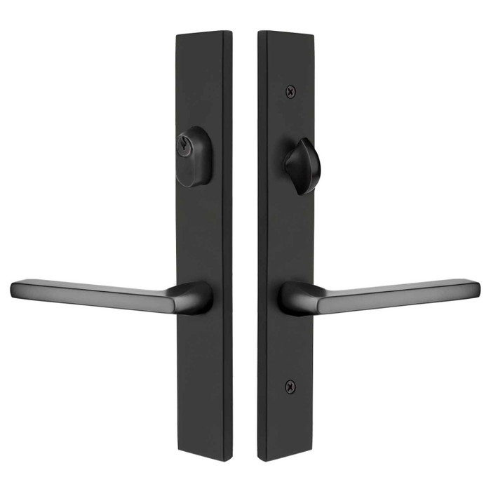 Emtek 12A1 Multi Point Lock Trim – Brass Modern Style, Door Configuration 2, Keyed with American Cylinder Above Handle, Flat Black (US19) finish – exterior and interior plate set, front view