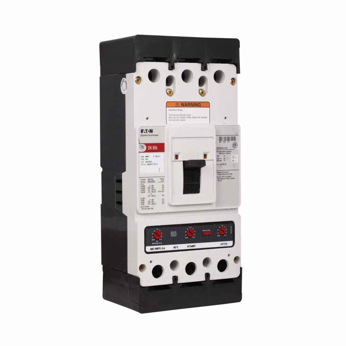 Eaton DK3400A02 Series C complete molded case circuit breaker, K-frame, DK, Fixed thermal, fixed magnetic trip, Three-pole, 400A, 240 Vac, 250 Vdc, 65 kAIC at 240 Vac, 10 kAIC at 250 Vdc, Line and load, 1A-1B rear w/ left pigtail, 50/60 Hz