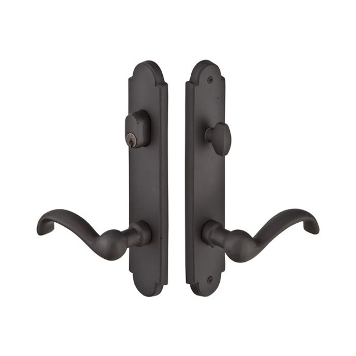 Emtek 1421 Multi Point Lock Trim (Door Config #4) - Sandcast Bronze Plates, Arched Style (2" x 10"), Keyed with American Cylinder Hub ABOVE Handle