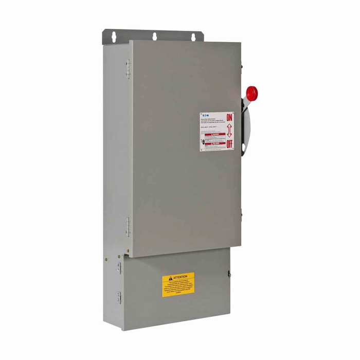 Eaton DT223NRKLP quick connect heavy-duty double throw switch,Posi-Lok,100A,NEMA 3R,Two-pole,Series K,240V,Heavy-duty,Double throw,Upper switch: fusible with solid neutral/lower switch: fusible