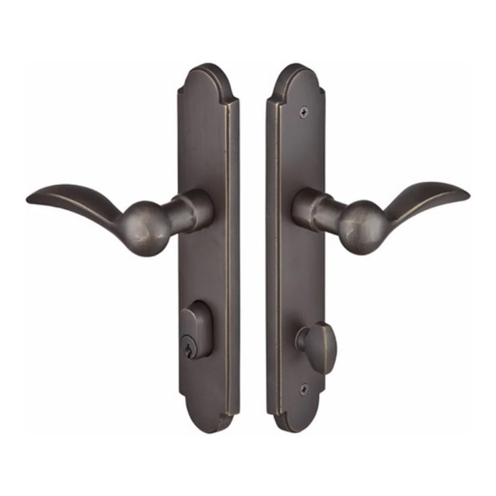 Emtek 1521 Multi Point Lock Trim (Door Config #5) - Sandcast Bronze Plates, Arched Style (2" x 10"), Keyed with Euro Cylinder Hub BELOW Handle