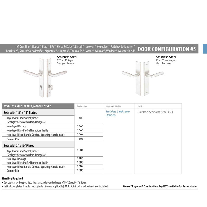 Emtek 15B1 Multi Point Lock Trim (Door Config 5) Stainless Steel