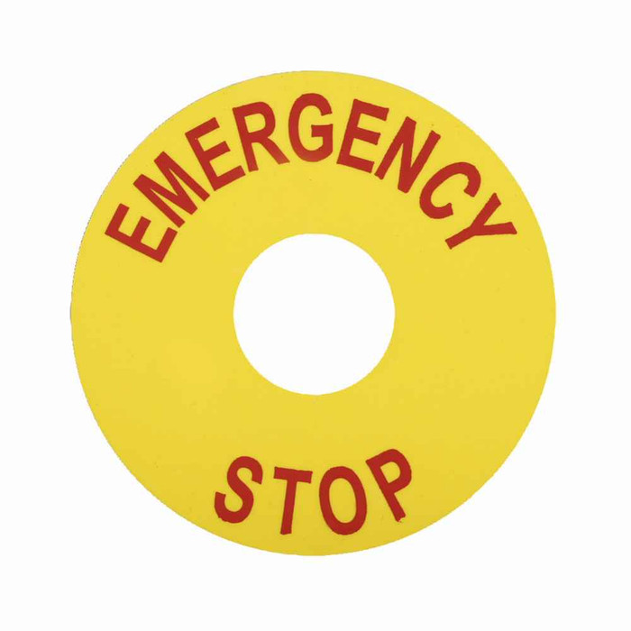 Eaton E22VA8 E22 pushbutton legend plate, 22.5 mm, Non-metallic Heavy-Duty, Round, Yellow field, EMERGENCY STOP