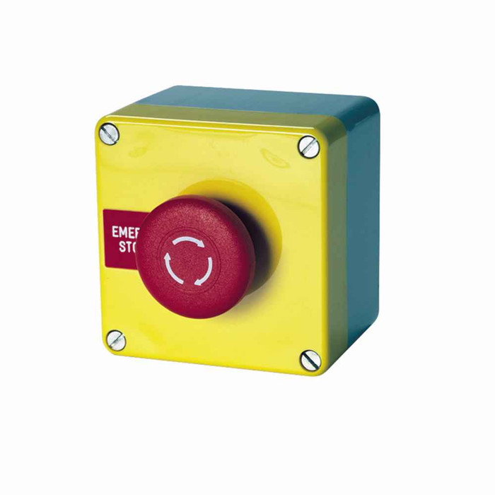 Eaton E22ASB106 E22 Pushbutton, 22.5 mm, Non-metallic Heavy-Duty, NEMA 4, 4X, 12, 13, Red actuator, Pushbutton, EMERGENCY STOP, Surface, 1NC