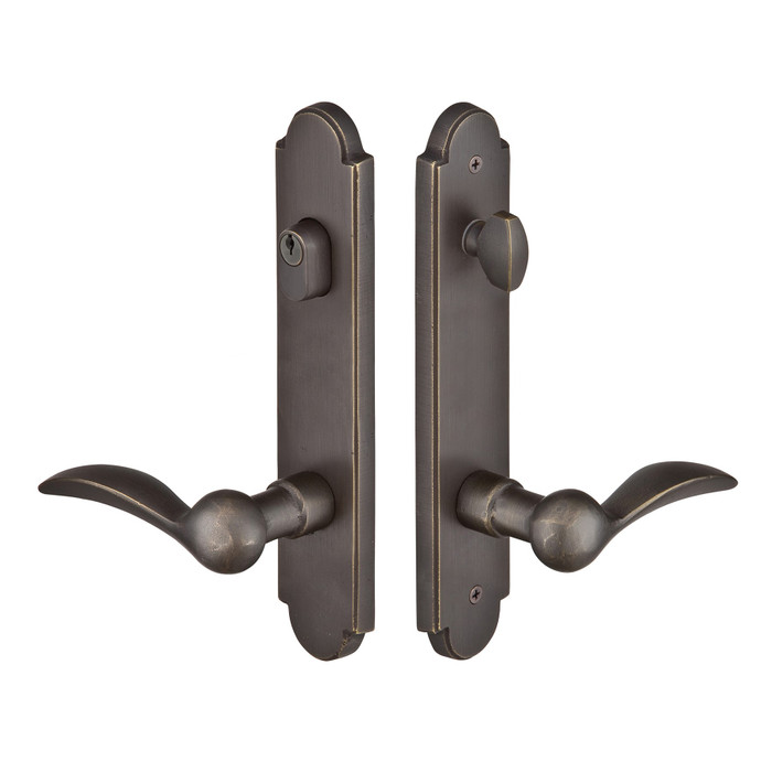 Emtek 1821 Multi Point Lock Trim (Door Config #8) - Sandcast Bronze Plates, Arched Style (2" x 10"), Keyed with American Cylinder Hub ABOVE Handle