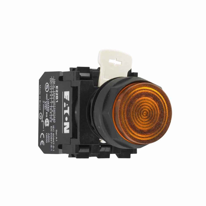 Eaton E22TB9X10A E22 Pushbutton, 22.5 mm, Non-metallic Heavy-Duty, 25 mm, Illuminated, Momentary, Amber actuator, Extended, Incandescent, resistor, 1NO, 120 Vac light unit voltage, Black bezel, 60 Vac/dc lamp voltage