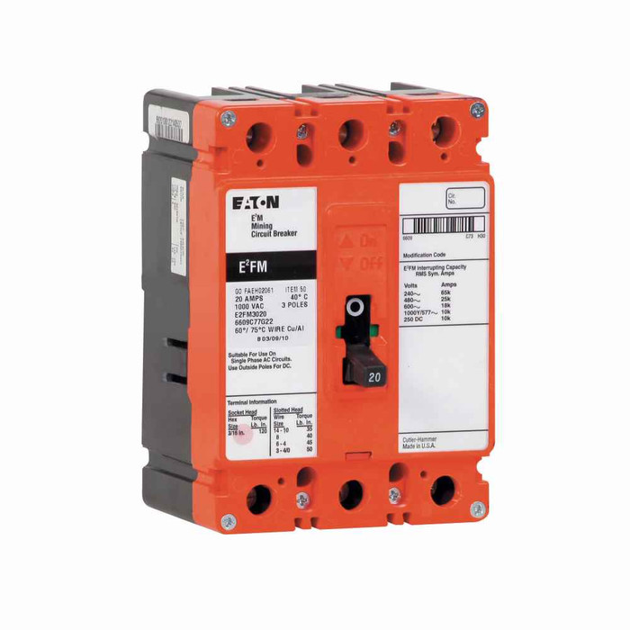 Eaton E2FM100RM E2 mining complete molded case circuit breaker, F-frame, E2FM, Complete breaker, Non-interchangeable magnetic only trip, 300-1000A trip rating, Three-pole, 100A, 1000Y/577 Vac, 250 Vdc, Line and load, Mining