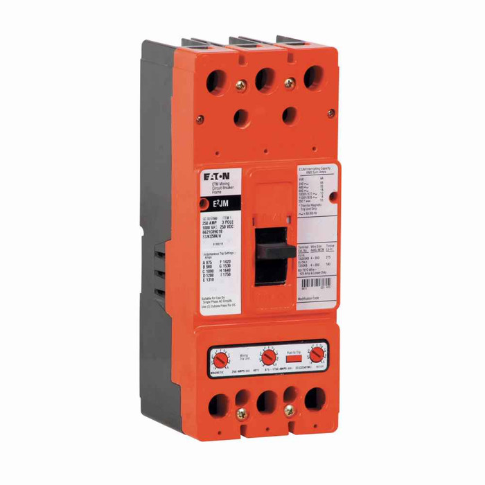 Eaton E2JM3250C E2 mining complete molded case circuit breaker, J-frame, E2JM, Complete breaker, Interchangeable thermal-magnetic trip, 1250-2500A trip rating, Three-pole, 250A, 1000Y/577 Vac, 250 Vdc, Copper, Line and load, Mining