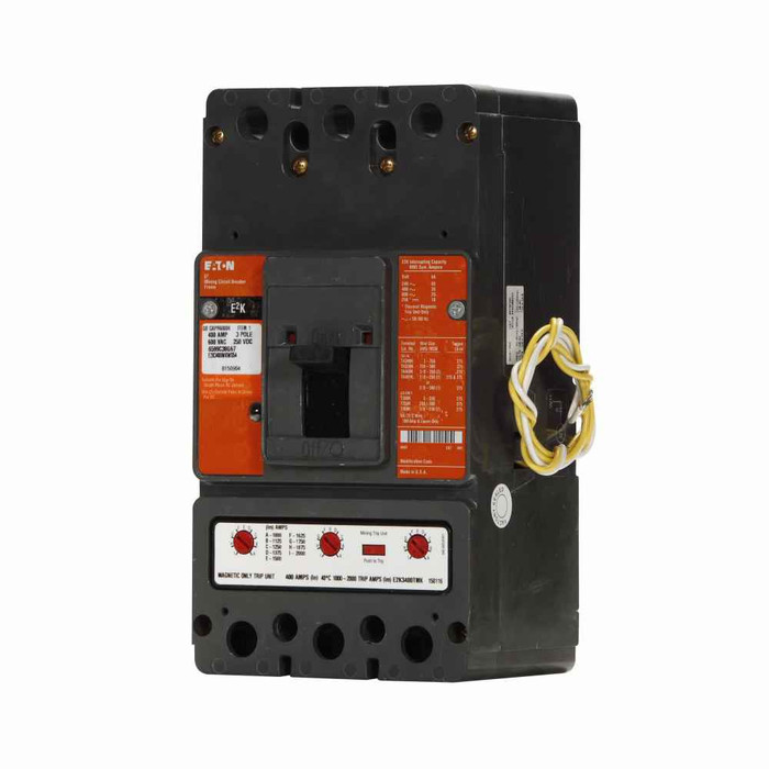 Eaton E2K3400MGWS10 E2 mining complete molded case circuit breaker, K-frame, E2K, Interchangeable thermal-magnetic trip, 750-1500A trip rating, Three-pole, 400A, 600 Vac, 250 Vdc, no term., Mining, 110-240 Vac or 110-125 Vdc same side w/ left pigtail