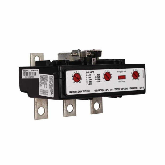 Eaton E2K3400TMJ E2 mining molded case circuit breaker trip unit, K-frame, E2K, Interchangeable thermal-magnetic trip, 875-1750A, Three-pole, 400A, 600 Vac, 250 Vdc, 65 kAIC at 240 Vac, 35 kAIC at 480 Vac, 25 kAIC at 600 Vac, 10 kAIC at 250 Vdc