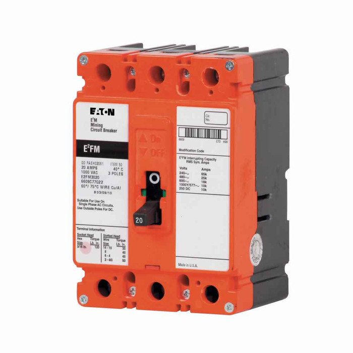 Eaton E2FM050YMA02U62 E2 mining complete molded case circuit breaker, F-frame, E2FM, Non-interchangeable magnetic only trip, 66-190A trip rating, Three-pole, 50A, 1000Y/577 Vac, 250 Vdc, 1A-1B rear w/ left pigtail, 110-127 Vac rear w/ right pigtail