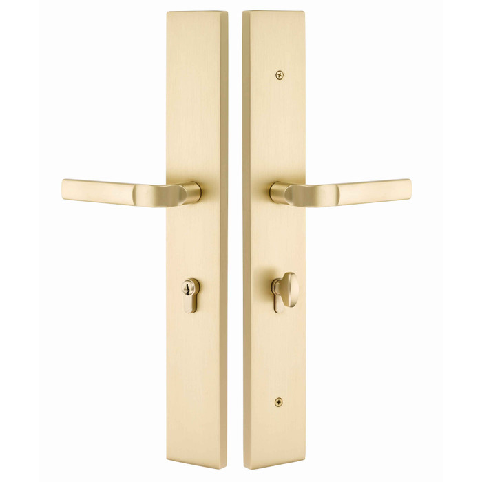 Emtek Emtek 1L1R51 Multi Point Lock Trim (Large Multi Point Entry Set) - Brass Plates, Modern Rectangular Style (2.9" x 17.5"), Keyed with Euro Cylinder Hub BELOW Handle EMTEK-1L1R51