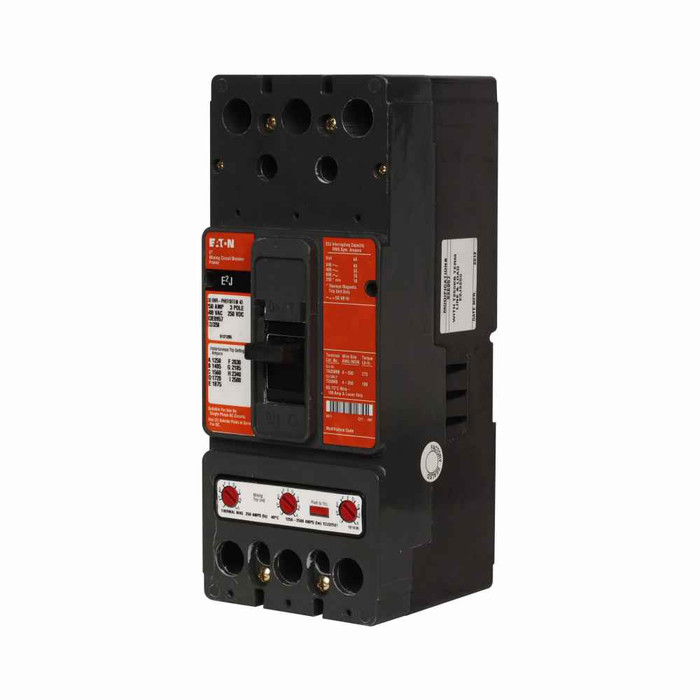 Eaton E2J3250MJW E2 mining complete molded case circuit breaker, Series C, J-frame Molded Case Mining Breaker, 65 kAIC at 240V, 35 kAIC at 480V, 18 kAIC at 600V, 10 kAIC at 250 Vdc, Three-pole, 250 Vdc, 600V max, 250 A, 875-1750A magnetic trip