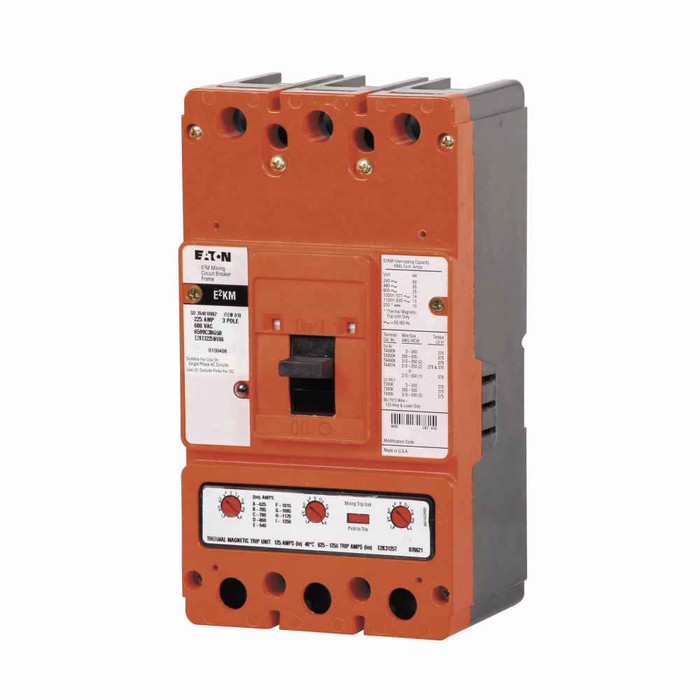 Eaton E2KE3225WS10 E2 mining complete molded case circuit breaker, K-frame, E2KE, Interchangeable thermal-magnetic trip, 200-1500A trip rating, Three-pole, 225A, 600 Vac, 250 Vdc, no term., Mining, 110-240 Vac or 110-125 Vdc rear w/ left pigtail