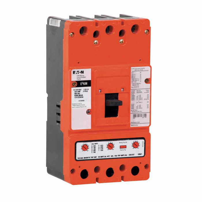 Eaton E2KE32252WU66 Series C, K-frame Mining Breaker, 65 kAIC at 240V, 35 kAIC at 480V, 25 kAIC at 600V, 10 kAIC at 250 Vdc, 3-pole, 120V left PIG rear undervoltage release, 250 Vdc, 600V max, 225A, 500-2500A MAG trip, Interchangeable TM trip