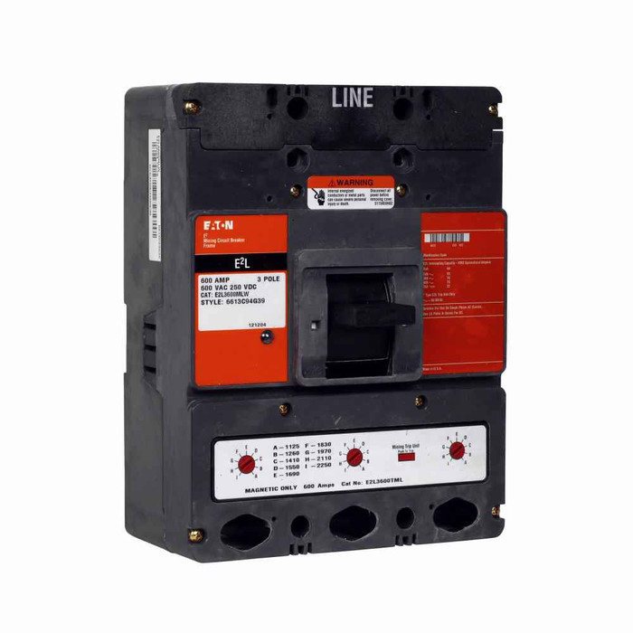 Eaton E2L3600MNW E2 mining complete molded case circuit breaker, L-frame, E2L, Interchangeable magnetic only trip, 1500-3000A, Three-pole, 600A, 600 Vac, 250 Vdc, 65 kAIC at 240 Vac, 35 kAIC at 480 Vac, 25 kAIC at 600 Vac, 22 kAIC at 250 Vdc