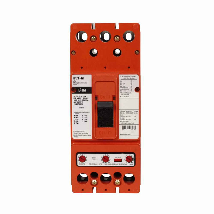 Eaton E2JM3250MDWS42 E2 mining complete molded case circuit breaker, J-frame, E2JM, Complete breaker, Interchangeable magnetic only trip, 500-1000A trip rating, Three-pole, 250A, 1000Y/577 Vac, 250 Vdc, no term., Mining, 12-24 Vac/dc rear w/ left pig