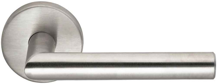 Omnia 12 Modern Collection Passage Lever Latchset in Satin Stainless Steel with Round Rose, Solid Stainless Steel Construction