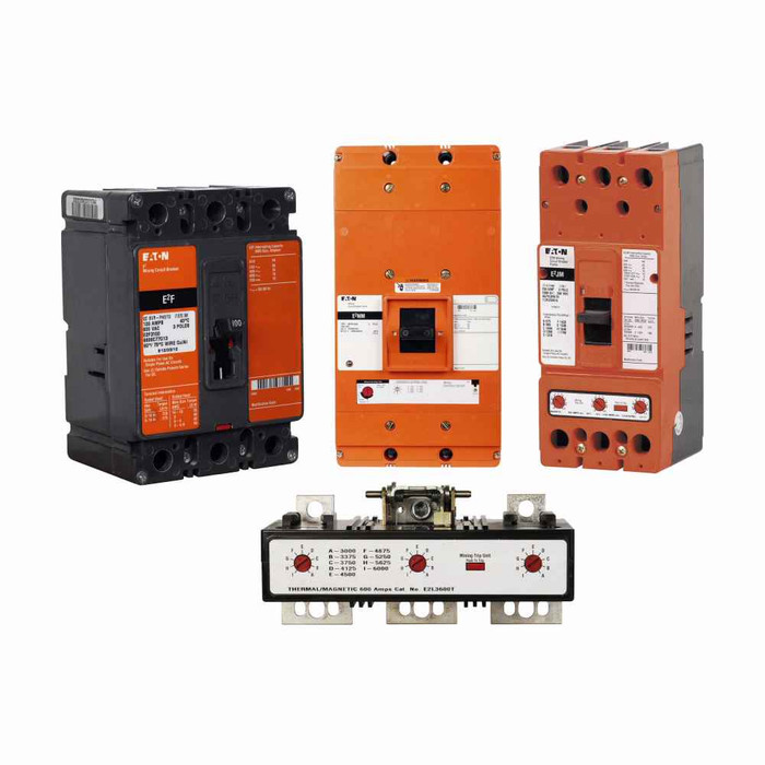 Eaton E2KW3350MFW E2 mining complete molded case circuit breaker, K-frame, E2KW, Complete breaker, Interchangeable thermal-magnetic trip type, 625-1250A trip rating, Three-pole, 350A, 1200 Vac, 10 kAIC at 1200 Vac, Without terminals, Mining