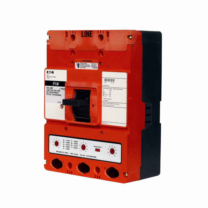 Eaton E2LM3600MW E2 mining complete molded case circuit breaker, L-frame, E2LM, Interchangeable magnetic only trip, 3000-6000A, Three-pole, 600A, 1000Y/577 Vac, 250 Vdc