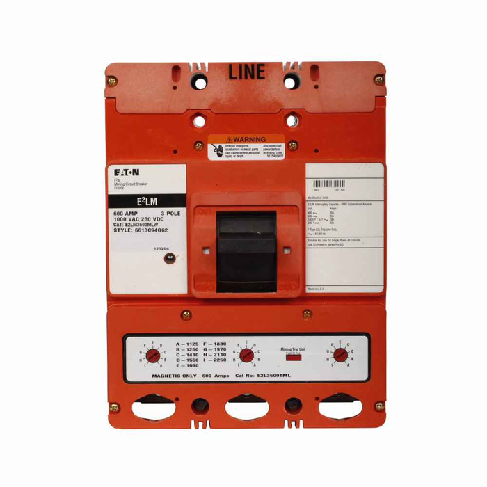 Eaton E2LM3600MXWA06 E2 mining complete molded case circuit breaker, L-frame, E2LM, Complete breaker, Interchangeable magnetic only trip, 2000-4000A trip rating, Three-pole, 600A, 1000Y/577 Vac, 250 Vdc, no terminals, Mining, 1A-1B rear with right pi