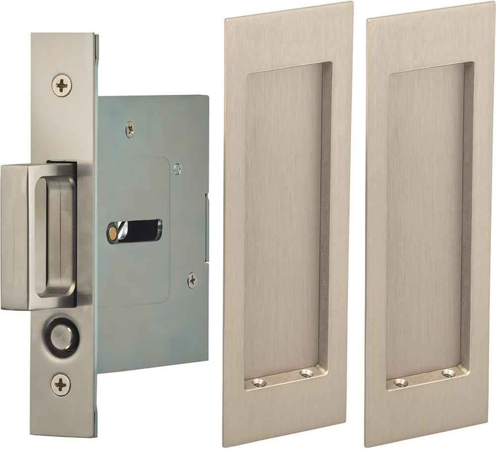 Omnia 7035/N Modern Rectangular Pocket Door Lock with Mortise Edge Pull – Passage Function in Satin Nickel Plated finish, shown with mortise body and pair of flush pulls