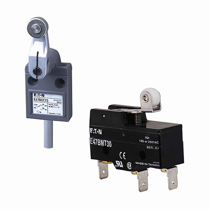 Eaton E47CMS42 E47 Precision Limit Switch, Basic, Extended Roller Lever, Mineral Filled Phenolic enclosure, 20A max AC, 20A max DC, SPDT, 20A at 125Vac / 20A at 14Vdc, Screw Terminals