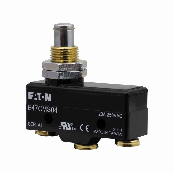 Eaton E47CMS04 Precision Limit Switch, E47, Extended straight plunger, Screw Terminals, 20A at 250 Vac, 6A at 30 Vdc, 0.01 mm/s-1m/s, 1-SPDT (Form C)