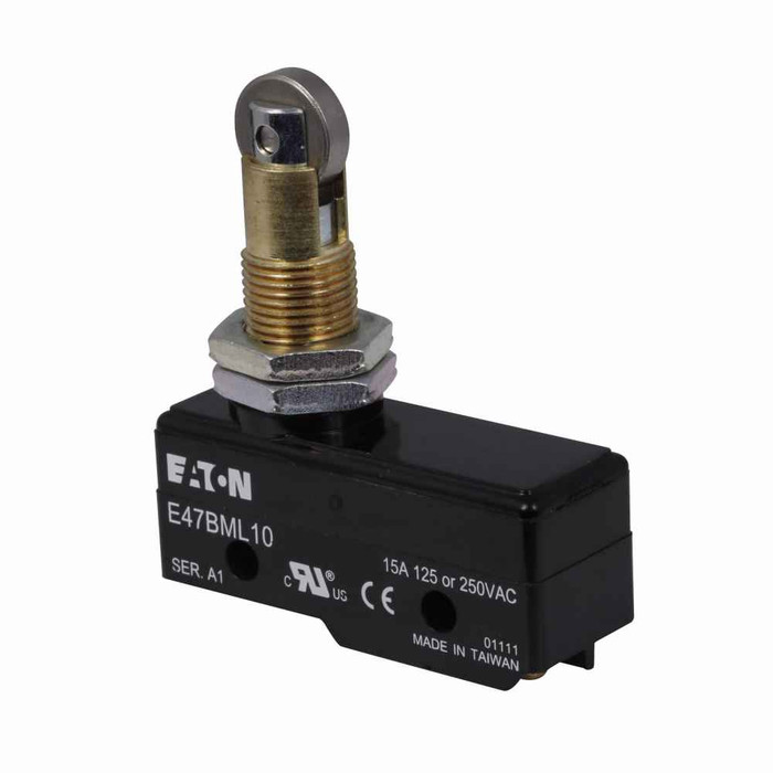 Eaton E47BML10 E47 Precision Limit Switch, Basic, Roller Plunger, Mineral Filled Phenolic enclosure, 15A max AC, 15A max DC, SPDT, 15A at 125Vac / 15A at 14Vdc, Solder Terminals