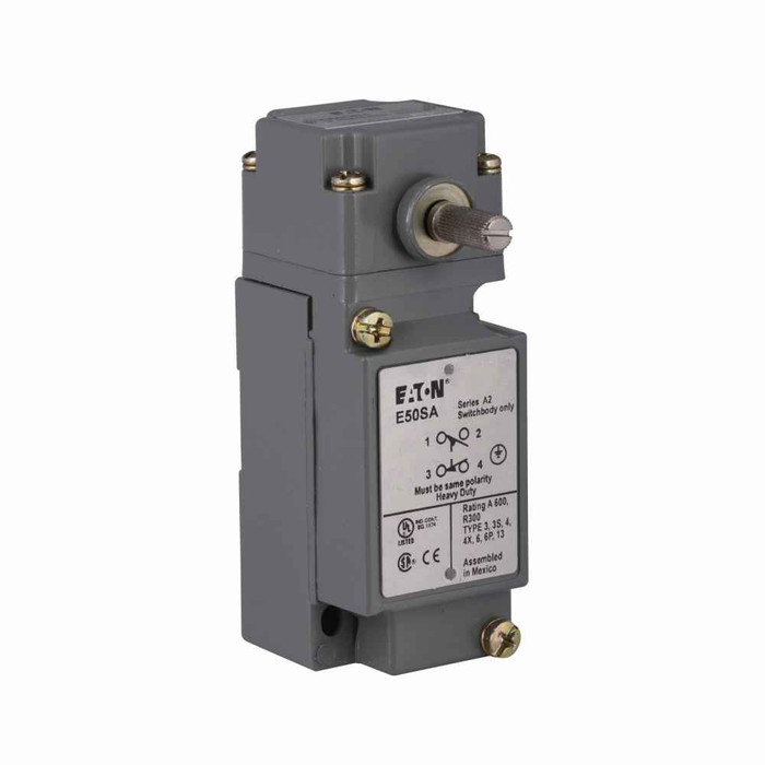 Eaton E50AR1 E50 NEMA heavy duty plug-in limit switch,Assembly,Screw Terminals,10A at 240 Vac,1A at 250 Vdc,E50DR1,E50DR1,Side rotary,1NO-1NC,Die cast zinc,NEMA 1,3,3S,4,4X,6,6P,13,IP67,10A continuous,1A,10° to 200°F,E50 Heavy Duty Plug In