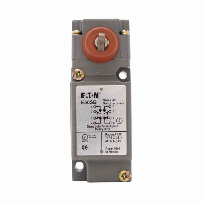 Eaton E50BS39Y1 E50 NEMA heavy duty plug-in limit switch, Screw Terminals, 10A at 240 Vac, 1A at 250 Vdc, Top pushbutton, 2NO-2NC, Die cast zinc, NEMA 1, 3, 3S, 4, 4X, 6, 6P, 13, IP67, 10A continuous, 1A, -40° to 250°F (-40° to 121°C), E50