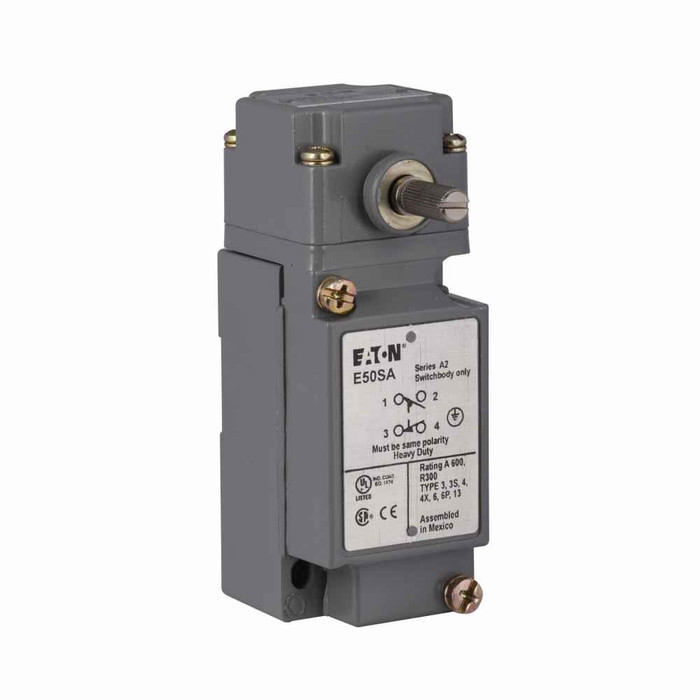 Eaton E50AL1 E50 NEMA heavy duty plug-in limit switch,Assembly,Screw Terminals,10A at 240 Vac,1A at 250 Vdc,E50DL1,E50DL1,Side rotary,1NO-1NC,Die cast zinc,NEMA 1,3,3S,4,4X,6,6P,13,IP67,10A continuous,1A,10° to 200°F,E50 Heavy Duty Plug In