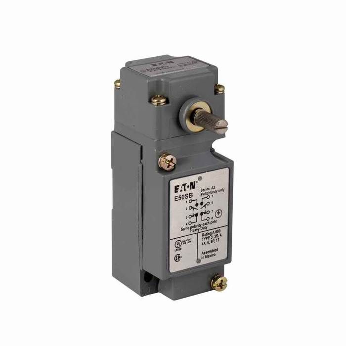 Eaton E50BR1P9 E50 NEMA heavy duty plug-in limit switch, Assembly, Mini, 10A at 240 Vac, 1A at 250 Vdc, Side rotary, 2NO-2NC, Die cast zinc, NEMA 1, 3, 3S, 4, 4X, 6, 6P, 13, IP67, 10A continuous, 1A, 9 pin, 10° to 200°F, E50