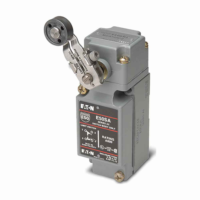 Eaton E50BS1 E50 NEMA heavy duty plug-in limit switch, Within 0.003, Screw Terminals, 10A at 240Vac, 1A at 250Vdc, 2NO-2NC, Die Cast Zinc, NEMA 1, 3, 3S, 4, 4X, 6, 6P, 13, IP67, 10A, 1A, 14° to 201°F (-10° to 94°C), Side Pushbutton