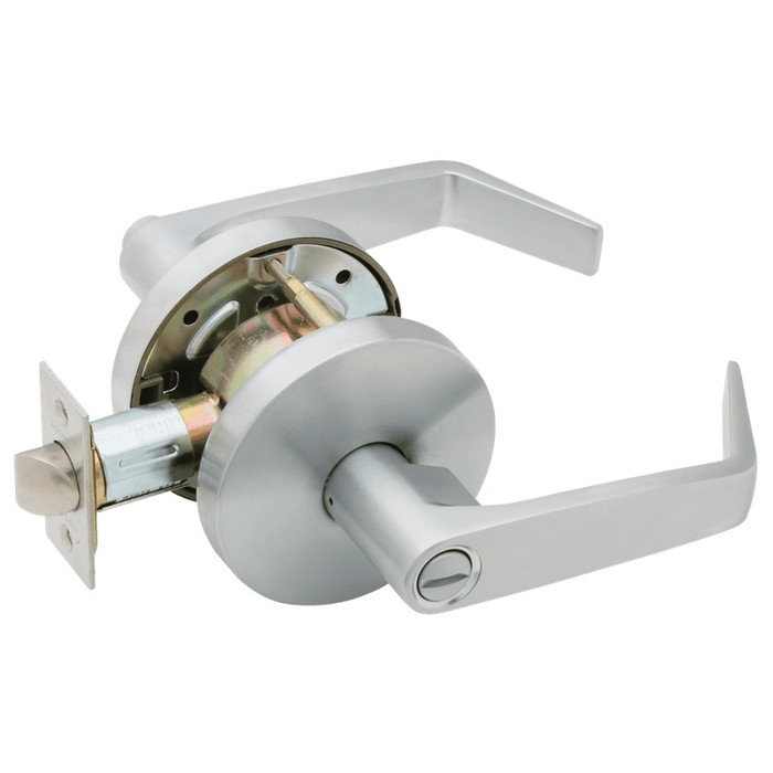Falcon W301 Grade 2 Privacy Cylindrical Lever Lock - Satin Chrome finish, exploded assembly view showing latch, chassis, and lever components