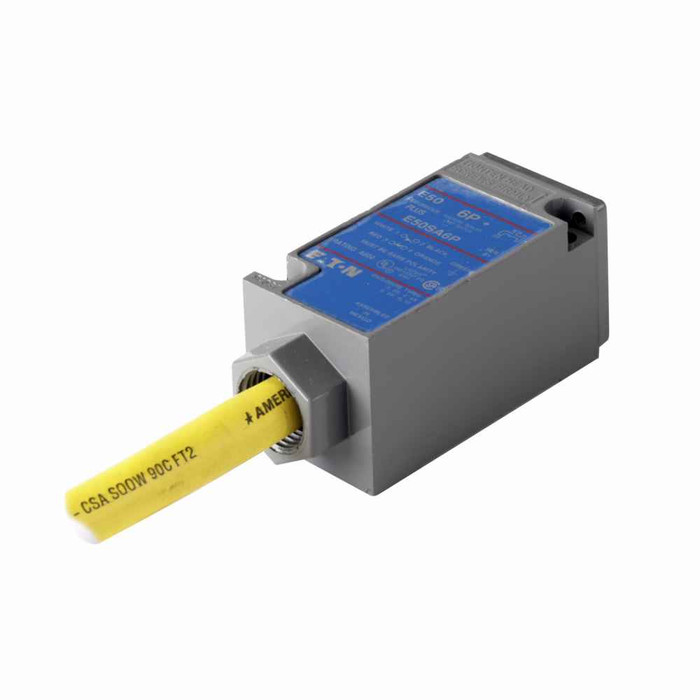 Eaton E50SA6P12 E50 Heavy Duty Factory Sealed 6P+ Limit Switch, 12 Ft. ( 3.7m ) Cable, 10A at 240Vac, 1A at 250Vdc, SOOW-A, 1NO-1NC, 144Foot, Die Cast Zinc, NEMA 1, 3, 3S, 4, 4X, 6, 6P, 13, IP67, IP69K, 10A, 1A, -29° to 221°F (-34° to 105°C)