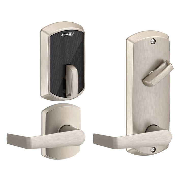 Schlage FE410F Control Smart Interconnected Lock with Greenwich Trim and Saturn Lever in Satin Nickel (619) — front and back view