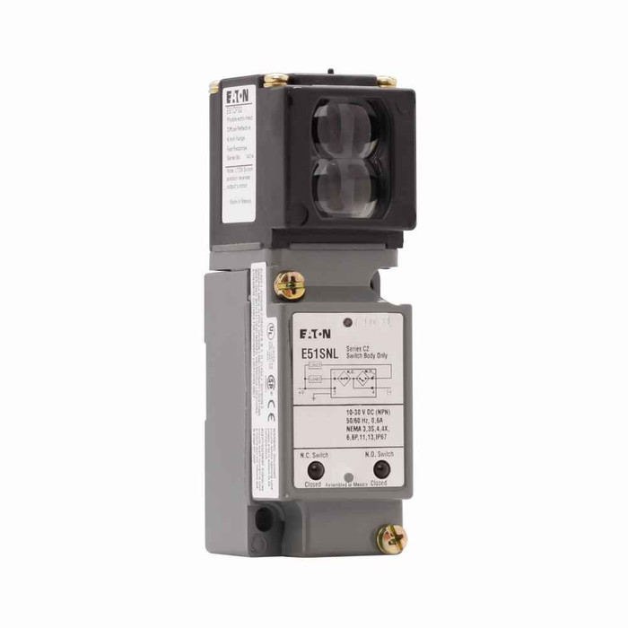 Eaton E51DF11 E51 Series, Limit Switch Style, Modular Inductive Photoelectric Sensor Head, Fiberoptic, Photoelectric, Right Angle, Sensor distance: Depends on Fiberoptic Cables Used, Plastic enclosure