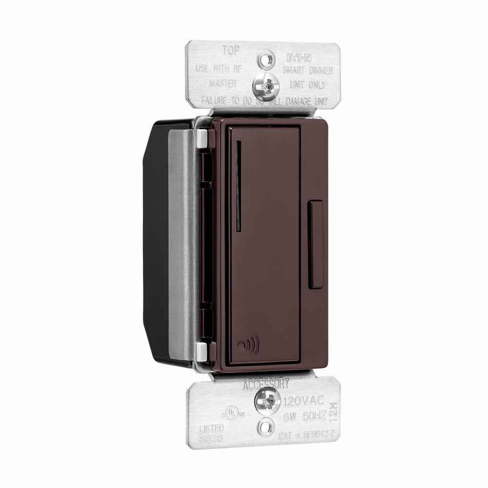 Eaton RF9642-ZDB Z-Wave plus accessory dimmer, 7-step LED light level display, Flush, 120V, Wire lead, Push pad, Maintained, Brown, LED, INC, CFL, ELV, MLV, FLR, Halogen, Single-pole, Three-way, Single-phase, Multi-location, Polycarbonate