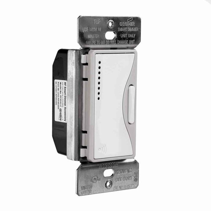 Eaton RF9542-ZWS Z-Wave dimmer, 7-step LED light level display, Flush, 120V, Wire lead, Push pad, Maintained, White Satin, Fan, LED, INC, CFL, ELV, MLV, FLR, Halogen, Single-pole, Three-way, Single-phase, Polycarbonate, Multi-location