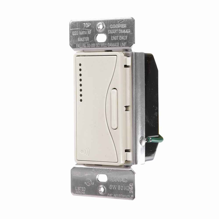 Eaton RF9642-ZDS Z-Wave plus accessory dimmer, 7-step LED light level display, Flush, 120V, Wire lead, Push pad, Maintained, Desert sand, LED, INC, CFL, ELV, MLV, FLR, Halogen, Single-pole, Three-way, Single-phase, Multi-location, Polycarbonate