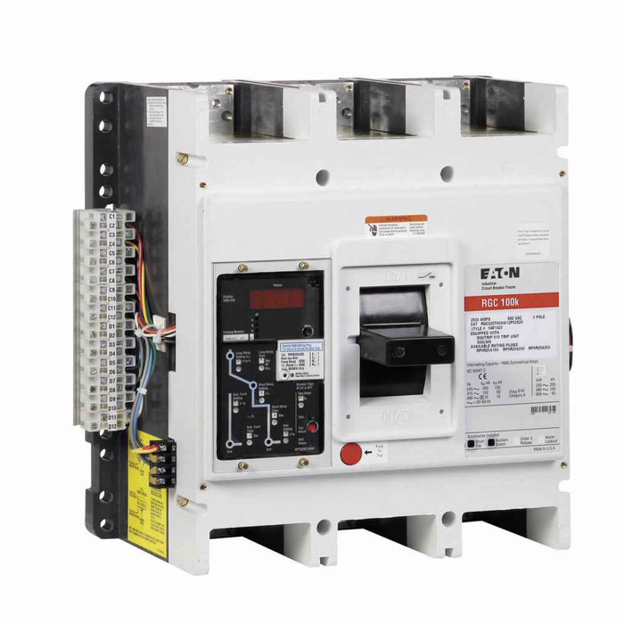 Eaton RGC325035E Series G electronic molded case circuit breaker, RG-frame, RG, Digitrip 310 RMS, Electronic LSG trip, Three-pole, 2500A, 600 Vac, 200 kAIC at 240 Vac, 100 kAIC at 480 Vac, Line and load, Imperial, 50/60 Hz, 80% rated