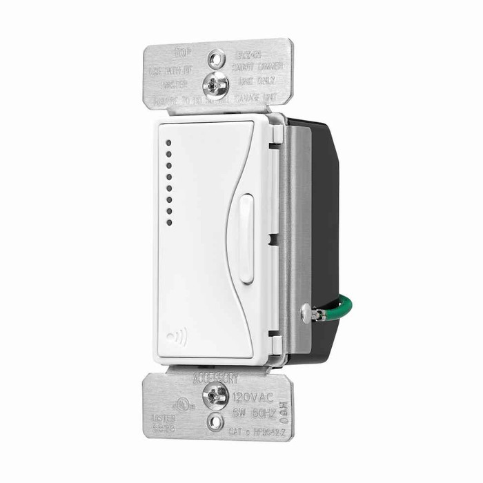 Eaton RF9642-ZAW Z-Wave plus accessory dimmer, 7-step LED light level display, Flush, 120V, Wire lead, Push pad, Maintained, Alpine white, LED, INC, CFL, ELV, MLV, FLR, Halogen, Single-pole, Three-way, Single-phase, Multi-location, Polycarbonate