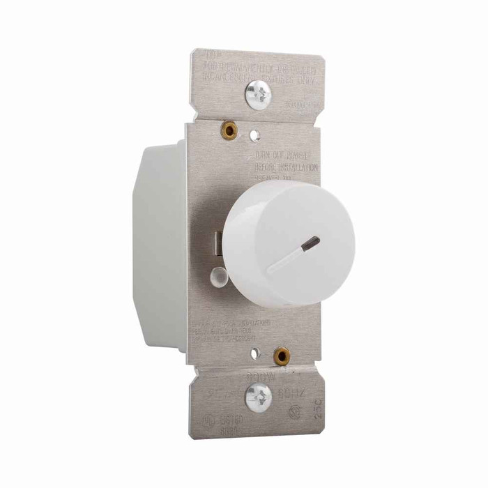 Eaton RI06PL-LA rotary dimmer, Lighted, power failure memory, with preset, #16 AWG, 5A, 120V, Wire lead, Maintained closure, Light almond, Indoor, 60 Hz, Incandescent, halogen, 0° to 40°C, Single-pole, three-way, Polycarbonate, 600W