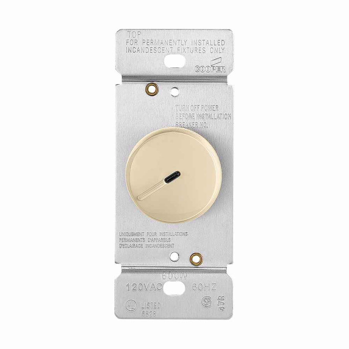 Eaton RI06PL-V rotary dimmer, Lighted, power failure memory, with preset, #16 AWG, 5A, 120V, Wire lead, Maintained closure, Ivory, Indoor, 60 Hz, Incandescent, halogen, 0° to 40°C, Single-pole, three-way, Polycarbonate, 600W