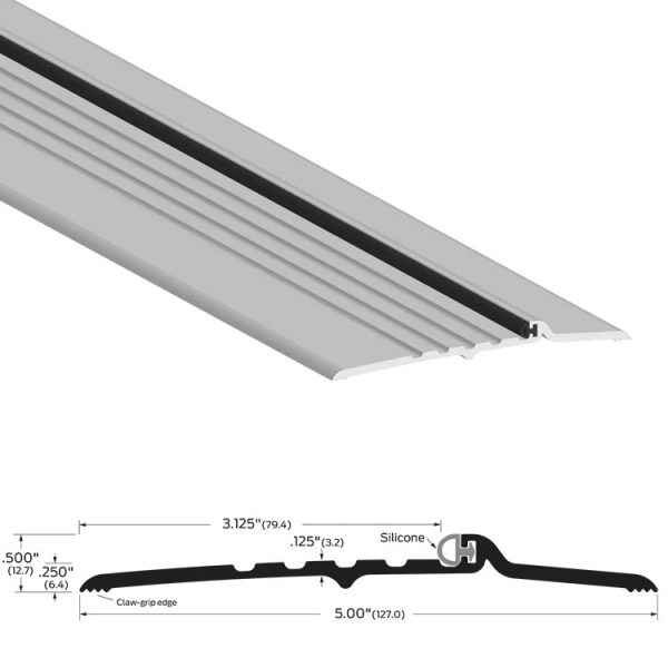 Zero 65A Rabbeted Threshold with Silicone Seal - Aluminum Mill Finish - top view with cross-section diagram showing 5" (127 mm) width, 1/2" height, claw-grip edge, and silicone seal position