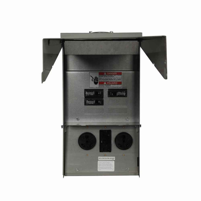 Eaton CHU4N7N4NS pedestal mount unmetered, Unmetered, 30A, 20A, 30A, Non-ground fault, Non-ground fault, Non-ground fault, Top, Surface, Circuits: 4, NEMA TT-30R, NEMA 5-20R2GFI, NEMA TT-30R, 3, 3, 3, 125V, 125V, 125V