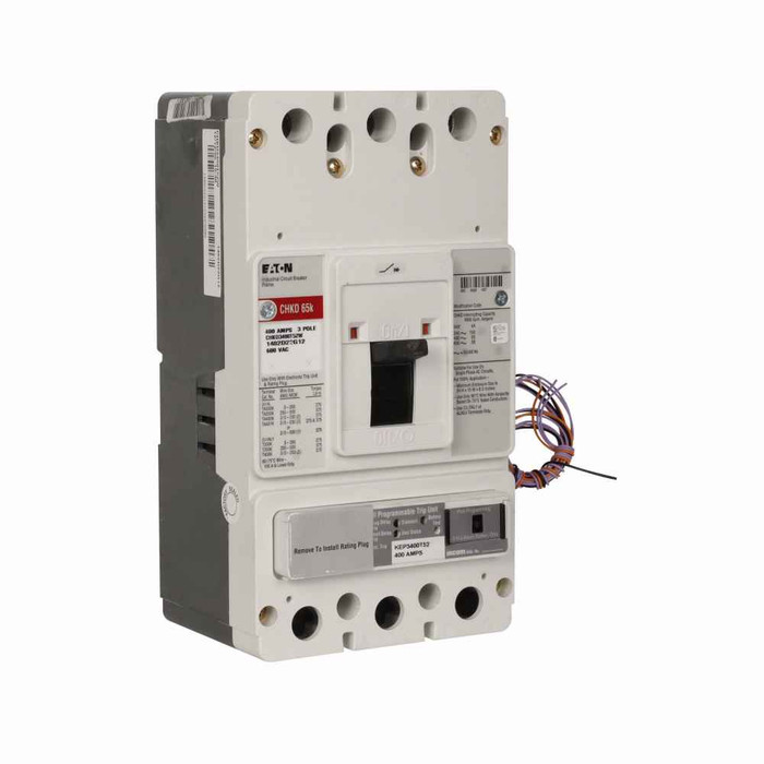 Eaton CKDB3400FT32B20W Series C electronic molded case circuit breaker, K-frame, CKDB, Digitrip 310 RMS, Electronic LSI trip, Three-pole, 400A, 600 Vac, 250 Vdc, 35 kAIC at 480 Vac, No terminals, High load alarm, Reverse feed, 50/60 Hz, 100% rated